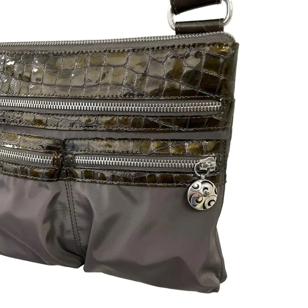 Brighton Green Grey Nylon Leather Croc Embossed Crossbody Handbag